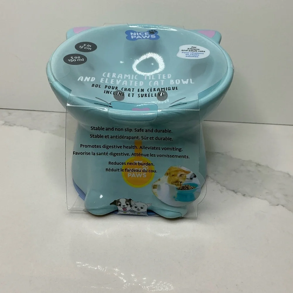 Teal Cat Ceramic Pet Bowl - Cute Heart Nose Design Elevated new